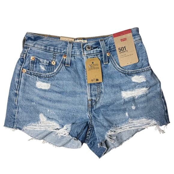 NEW Levi's 501 Mom Shorts Women's Size 24 Blue Denim High Waisted Distressed - Picture 1 of 4